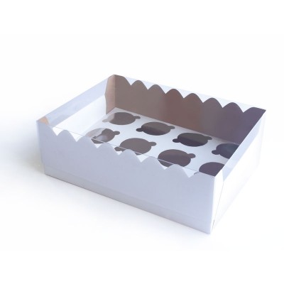 Caja en carton con dise&ntilde;o y tapa en Acetato Transparente Cuadrada para 12 Cupcakes